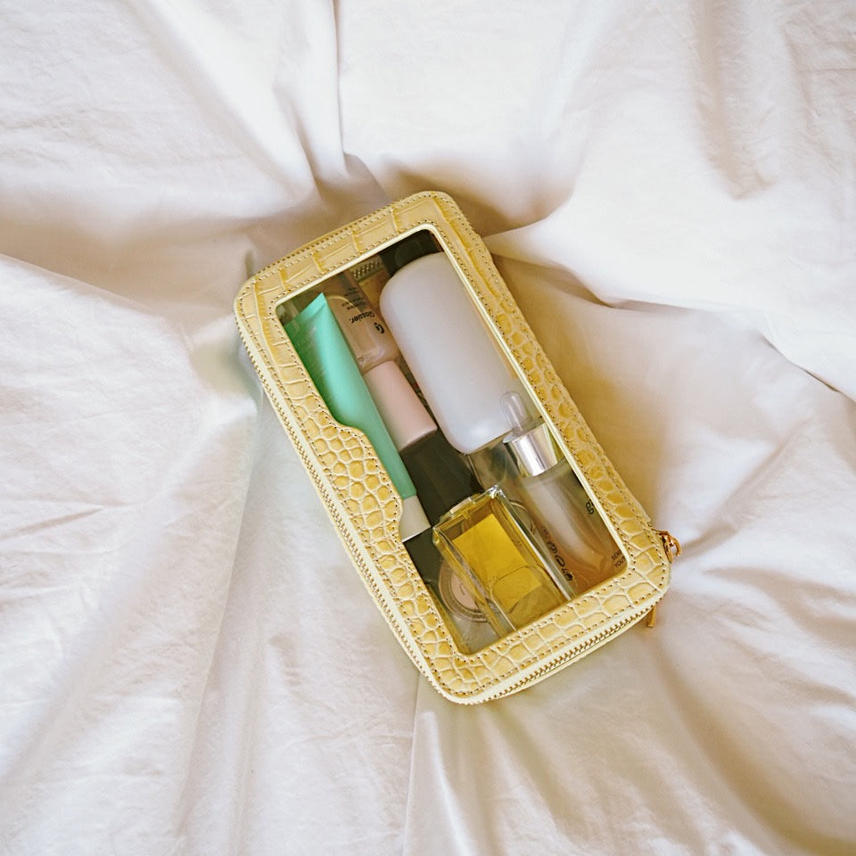 Helsinki' Lemon Faux  Leather Double Zip Perspex Makeup Bag