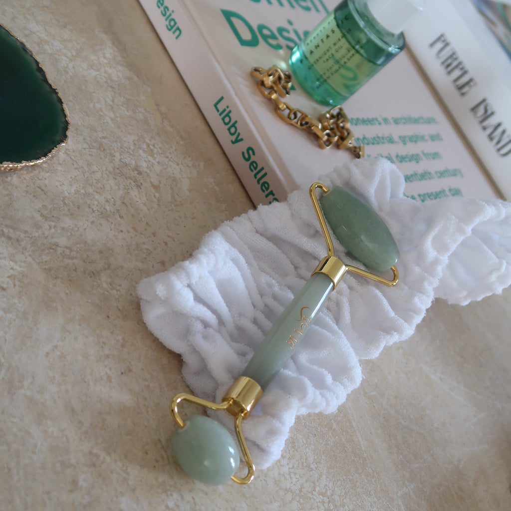 Aventurine Crystal Facial Massage Roller, Gold Metal