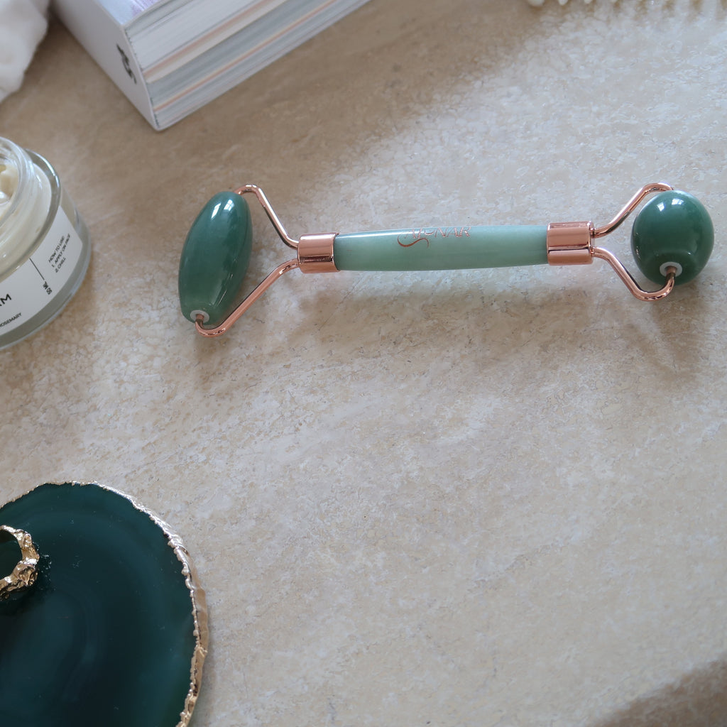 Aventurine Crystal Facial Massage Roller, Rose Gold Metal