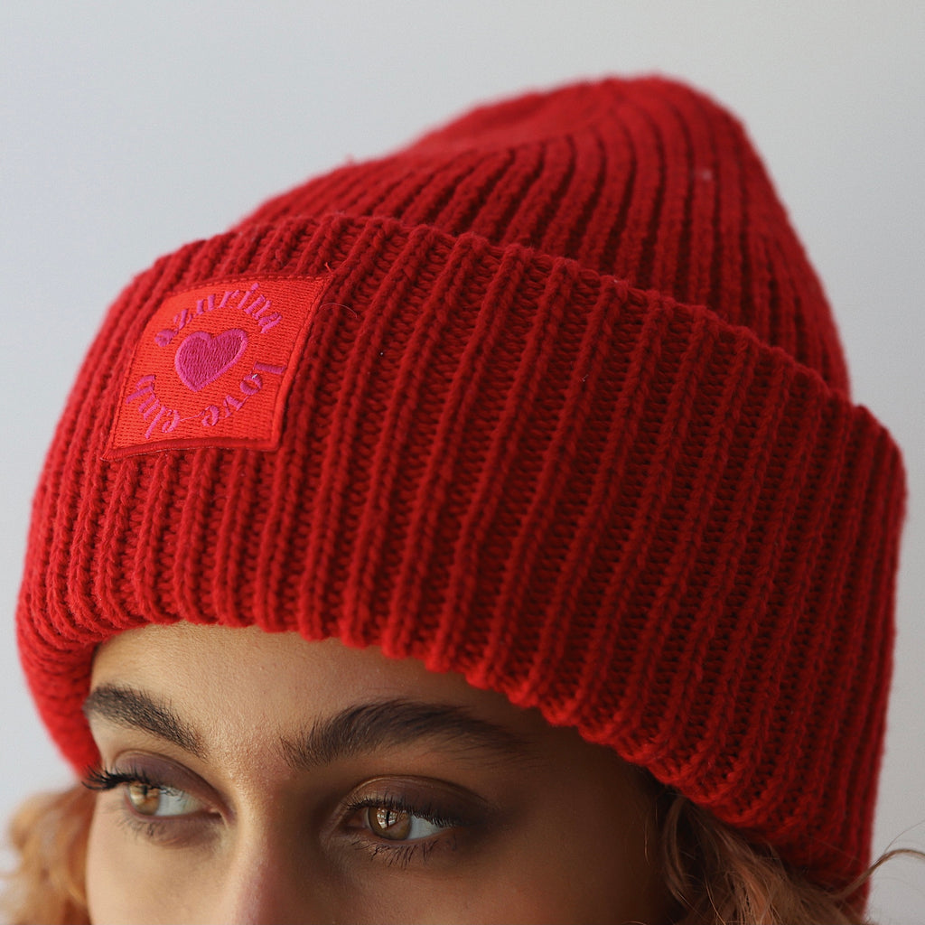 Red Ribbed Knit Beanie