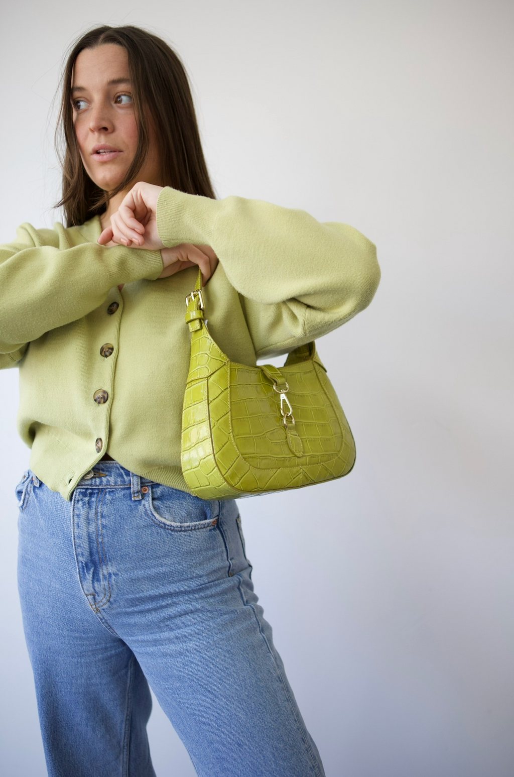 'Dallas' Leather Bag | Olive Glossy Croc